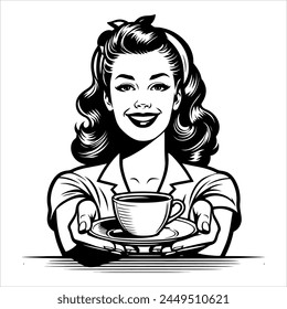 Mujer sonriente de Antiguas 40 que ofrece una taza de café simple minimalista línea limpia dibujo blanco y negro 03