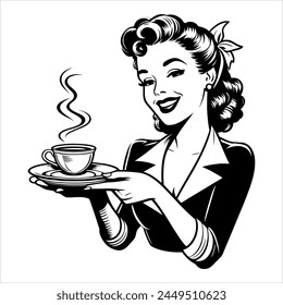 Vintage 40's smiling woman offering a cup of coffee simple minimalist clean line art drawing black and white 02