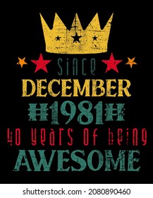 Vintage 40th Birthday of 40 Year Old Awesome Since December 1981 Vintage Color Theme T-Shirt Design  With Vintage Retro Color Scheme Style