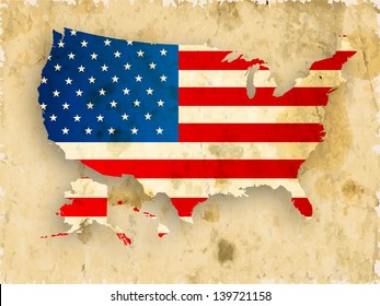 Vintage 4th Of July, American Independence Day Grungy Background With United States Map In National Flag Colors.