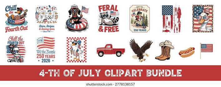 vintage 4th of July clipart bundle featuring patriotic American animals, USA flag elements, retro Independence Day graphics, cowboy boots, eagle, duck, raccoon, hotdog and classic Americana themed illustrations. This high quality design is perfect for sublimation projects, t shirt designs, stickers, mugs, party decorations, printable crafts, social media graphics and holiday merchandise. Designed in a colorful retro style with red, white and blue patriotic elements, these unique illustrations are ideal for celebrating American Independence Day and summer events.