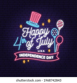 Vintage 4th of july design in retro style. Vector Fourth of July felicitation neon sign. Night bright signboard. Independence day glowing light banner. Patriotic banner for website template.