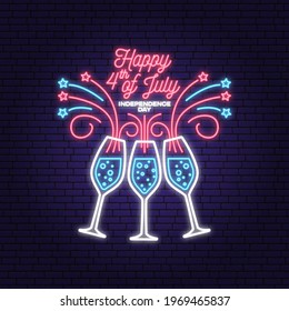 Vintage 4th of july design in retro style. Vector Fourth of July felicitation neon sign. Night bright signboard. Independence day glowing light banner. Patriotic banner for website template.