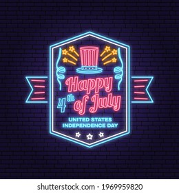 Vintage 4th of july design in retro style. Vector Fourth of July felicitation neon sign. Night bright signboard. Independence day glowing light banner. Patriotic banner for website template.