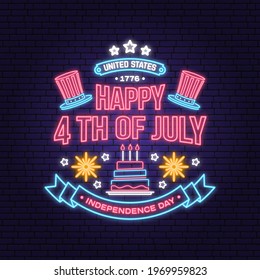 Vintage 4th of july design in retro style. Vector Fourth of July felicitation neon sign. Night bright signboard. Independence day glowing light banner. Patriotic banner for website template.
