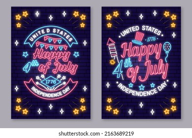 Vintage 4th of july design in retro style. Vector Fourth of July felicitation neon sign. Night bright signboard. Independence day glowing light banner. Patriotic banner for website template.