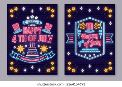 Vintage 4th of july design in retro style. Vector Fourth of July felicitation neon sign. Night bright signboard. Independence day glowing light banner. Patriotic banner for website template.