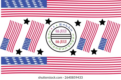 Vintage 4th of July Round Badge Design with American Flags and Striped Patriotic Background