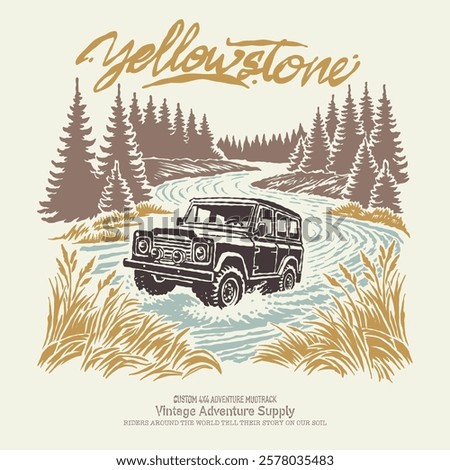 Vintage 4x4 car design vector illustration adventure touring explor nature river forest