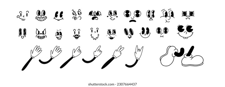 Vintage 50s Cartoon And Comic Different Facial Expressions. Feet in Shoes and Walking Leg and Poses Set. Vintage Cartoon Hands in Gloves and Feet in Shoes. Cute Animation Character Body Parts