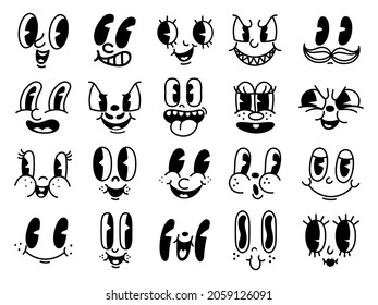 Vintage 50s cartoon and comic happy facial expressions. Old animation funny face caricatures. Retro quirky characters smile emoji vector set. Cute avatars with big eyes, cheeks and mouth
