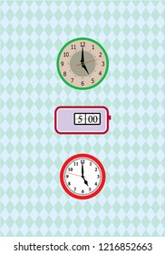 vintage 5pm clock decor print vector. classic clock wallpaper.