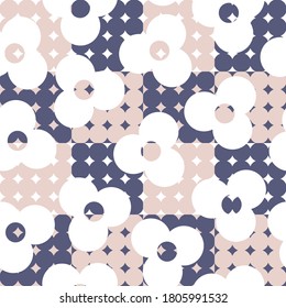 Vintage 60's and 70's style floral vector seamless design - mid-century modern textile, fabric print pattern. Retro pastel wallpaper background with flowers and geometric shapes - scandinavian style
.