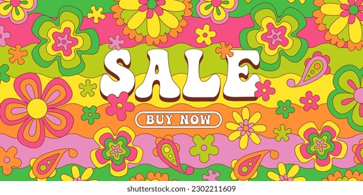 Vintage 60s flower sale template illustration. Retro psychedelic floral landing page web banner. Groovy colorful spring poster, hippie seventies online discount design with repeating daisy flowers.