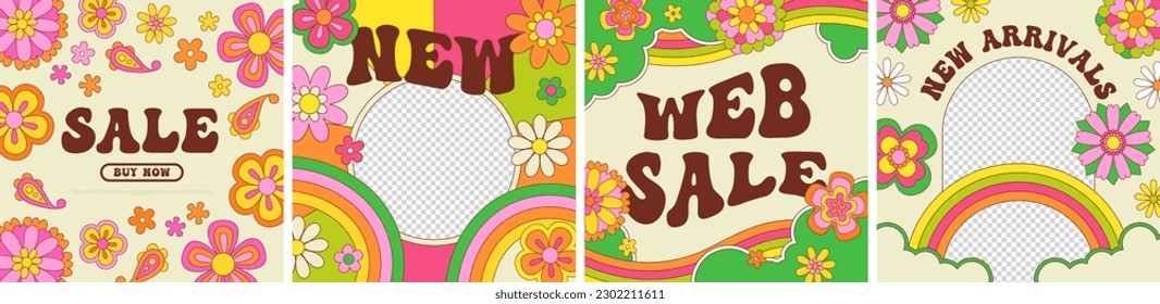 Vintage 60s flower sale template illustration set. Retro psychedelic floral social media banner. Groovy colorful spring poster, hippie seventies online discount design with repeating daisy flowers.