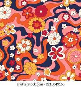 Vintage 60s hippie vector background. Colorful retro seamless pattern with hand drawn groovy elements and flowers. Abstract psychedelic surface pattern design for textile , stationery, wrapping paper.