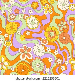 Vintage 60s hippie vector background. Colorful retro seamless pattern with hand drawn groovy elements and flowers. Abstract psychedelic surface pattern design for textile , stationery, wrapping paper.