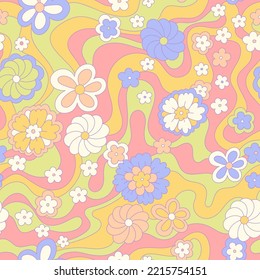Vintage 60s hippie vector background. Colorful retro seamless pattern with hand drawn groovy elements and flowers. Abstract psychedelic surface pattern design for textile , stationery, wrapping paper.