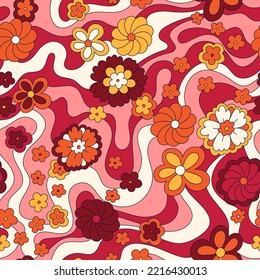 Fondo vectorial hippie vintage de los años 60. Patrón retro colorido sin fisuras con elementos de groovía dibujados a mano y flores. Resumen de diseño de patrones psicodélicos de superficie para textil, papelería, papel de envoltura.