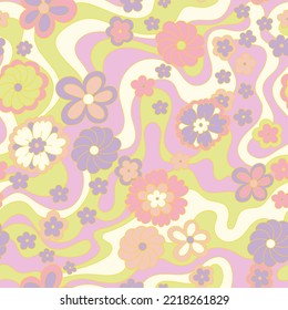 Vintage 60s hippie vector background. Colorful retro seamless pattern with hand drawn groovy elements and flowers. Abstract psychedelic surface pattern design for textile , stationery, wrapping paper.