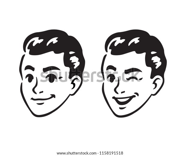 ビンテージ60年代の若い男性のポートレート 微笑み ウィンキング レトロな漫画の白黒のインク描画 米国の漫画の広告イラスト のベクター画像素材 ロイヤリティフリー