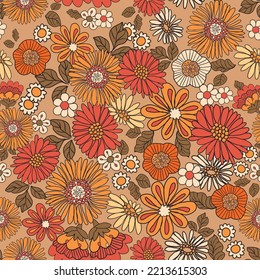 Vintage 60s,70s retro hand drawn colorful groovy flower seamless pattern