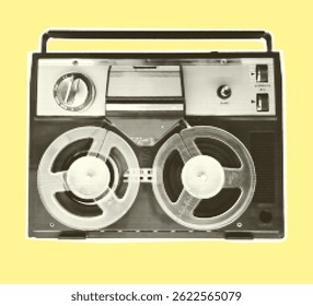 Gravador de fita dos anos 70 e 80. Meio-tom trendy recortar papel colagem elemento isolado no fundo amarelo Vetor ilustração