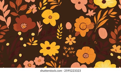 Vintage 70s Floral Pattern – Warm Orange, Yellow, and Brown Retro Flowers on Dark Background.