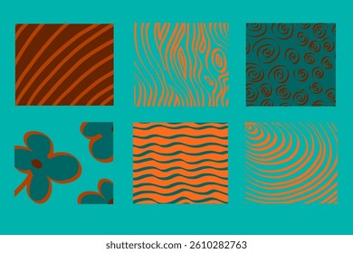 Vintage 70s patterns featuring stripes, waves, floral designs across six teal and orange backgrounds, capturing nostalgic graphic design aesthetic