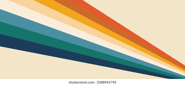 Vintage 70s retro background vector. Abstract wavy stripes in warm colors on a light backdrop. Nostalgic mid-century style wallpaper for posters, banners, and decorative design