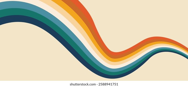 Vintage 70s retro background vector. Abstract wavy stripes in warm colors on a light backdrop. Nostalgic mid-century style wallpaper for posters, banners, and decorative design