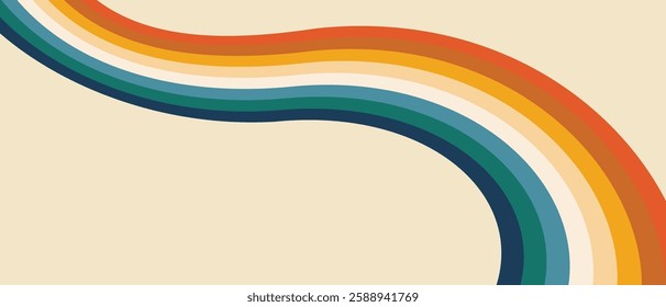 Vintage 70s retro background vector. Abstract wavy stripes in warm colors on a light backdrop. Nostalgic mid-century style wallpaper for posters, banners, and decorative design