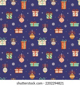 Vintage patrón de Navidad de 8 bits con copos de nieve, cajas de regalo, bolas de vidrio navideño y adornos. Arte de píxel retro Xmas fondo sin fisuras para tela, textiles y papel de envoltura de regalo.