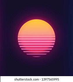 Vintage 80s colorful retro sunset. Vaporwave synthwave styled vector illustration of the sun. Template for poster space futuristic background.