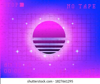 Vintage 80s colorful retro sunset. Vaporwave synthwave styled vector illustration of the sun. Template for poster or music cover.