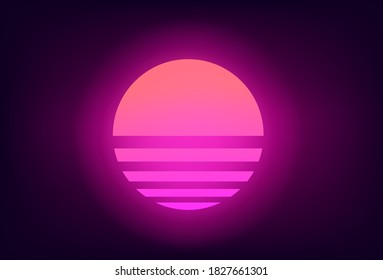 Vieja puesta de sol retro colorida de los años 80. Ilustración vectorial del sol con estilo de onda de vapor. Plantilla para afiches o portadas musicales.