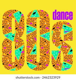Vintage 80s dance sign in vivid neon colors with typical new wave pattern in background. Retro music style.