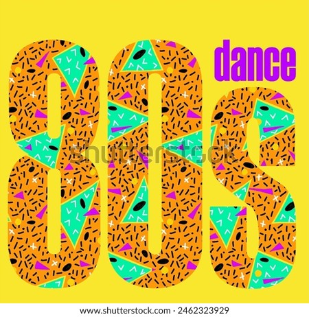 Vintage 80s dance sign in vivid neon colors with typical new wave pattern in background. Retro music style.