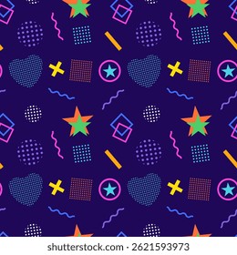 Vintage 80s Memphis style seamless pattern with abstract geometric shapes like stars, hearts, crosses, circles, rings, dots and wave lines. Perfect for retro, hipster, and modern creative designs.