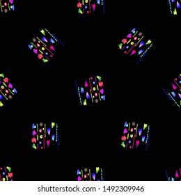 Vintage 80s party background with fun stripes. Vector seamless pattern - memphis style, fashion 90s design. Multicolor gradient on black.