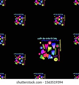 Vintage 80s party background with fun shapes. Vector seamless pattern - memphis style, fashion 90s design. Multicolor gradient on black.