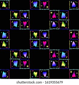 Vintage 80s party background with fun hearts t-shirt. Vector seamless pattern - memphis style, fashion 90s design. Multicolor gradient on black.