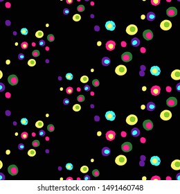 Vintage 80s party background with rainbow dots. Vector seamless pattern - memphis style, fashion 90s design. Multicolor gradient on black.