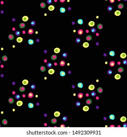 Vintage 80s party background with rainbow dots. Vector seamless pattern - memphis style, fashion 90s design. Multicolor gradient on black.