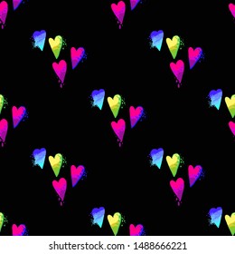 Vintage 80s party background with watercolor hearts. Vector seamless pattern - memphis style, fashion 90s design. Multicolor gradient on black.