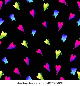 Vintage 80s party background with watercolor hearts. Vector seamless pattern - memphis style, fashion 90s design. Multicolor gradient on black.