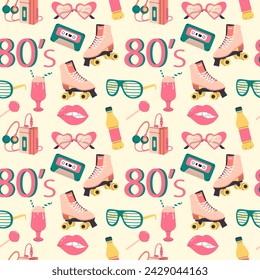 Vintage 80s pop culture seamless pattern. Vector illustration in flat style