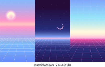 Vintage 80s synthwave grid landscapes set with lighting horizon and sun and moon in space. Retro space backgrounds collection. vector illustration.