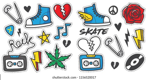 Vintage 80s-90s Rock And Roll Fashion Cartoon Illustration Set Suitable for Badges, Pins, Sticker, Patches, Fabric, Denim, Embroidery.
Cartoon punk doodle set.