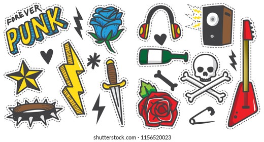 Vintage 80s-90s Rock And Roll Fashion Cartoon Illustration Set Suitable for Badges, Pins, Sticker, Patches, Fabric, Denim, Embroidery.
Cartoon punk doodle set.